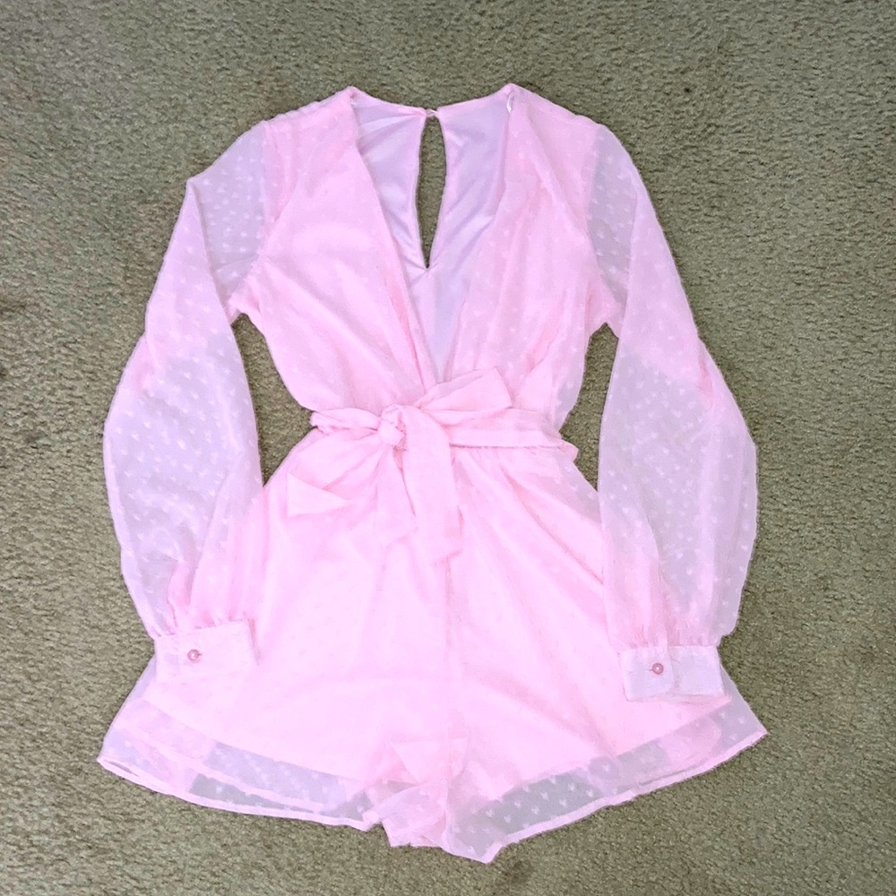 A'Gaci Romper Size S Long Sleeve Pink Tie Sheer Heart Textured Deep V Neck